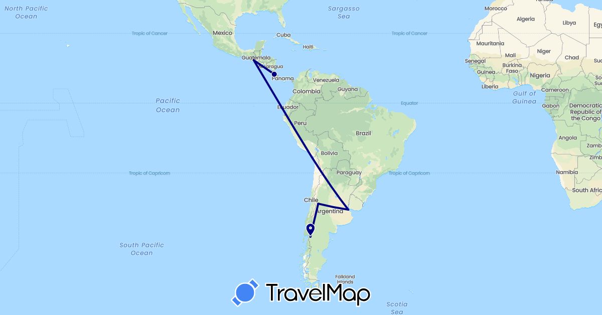 TravelMap itinerary: driving in Argentina, Costa Rica, Guatemala (North America, South America)